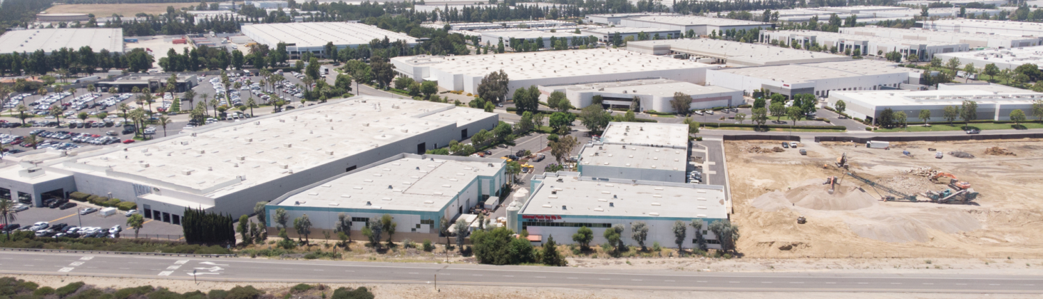 Blue and white warehouse buildings