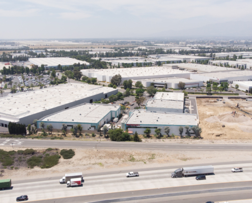 Blue and white warehouse buildings