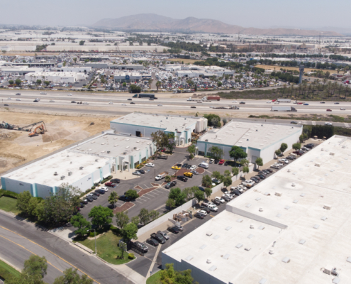 Blue and white warehouse buildings